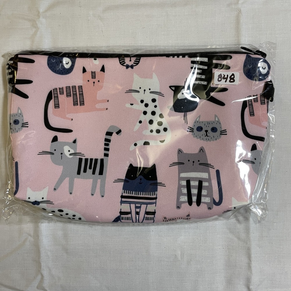 The Pouch Cosmetic Bag Women Small Pink NWT Cat Print Zipper Travel Pouch 8x5
